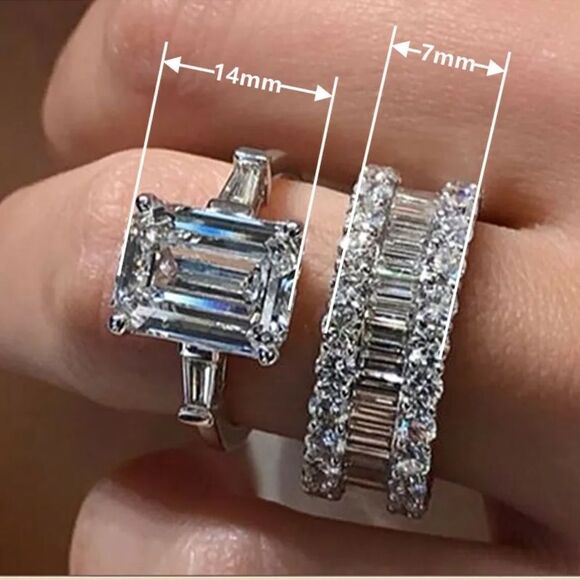 Set 2 Ring Silver 925 Emerald Cut - Picture 2 of 5